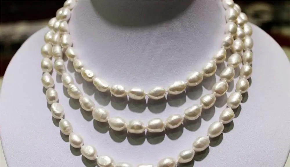 

FREE SHIPPING>@@> long freshwater pearl necklace white Baroque 9x11mm 120cm metal clasp