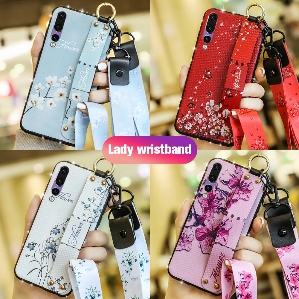 Case For Huawei P30 Pro Case For Huawei Nova 3I Case Silicone Flower Wrist Strap Cover For Huawei P30 Lite Nova 3 4 Holder Stand