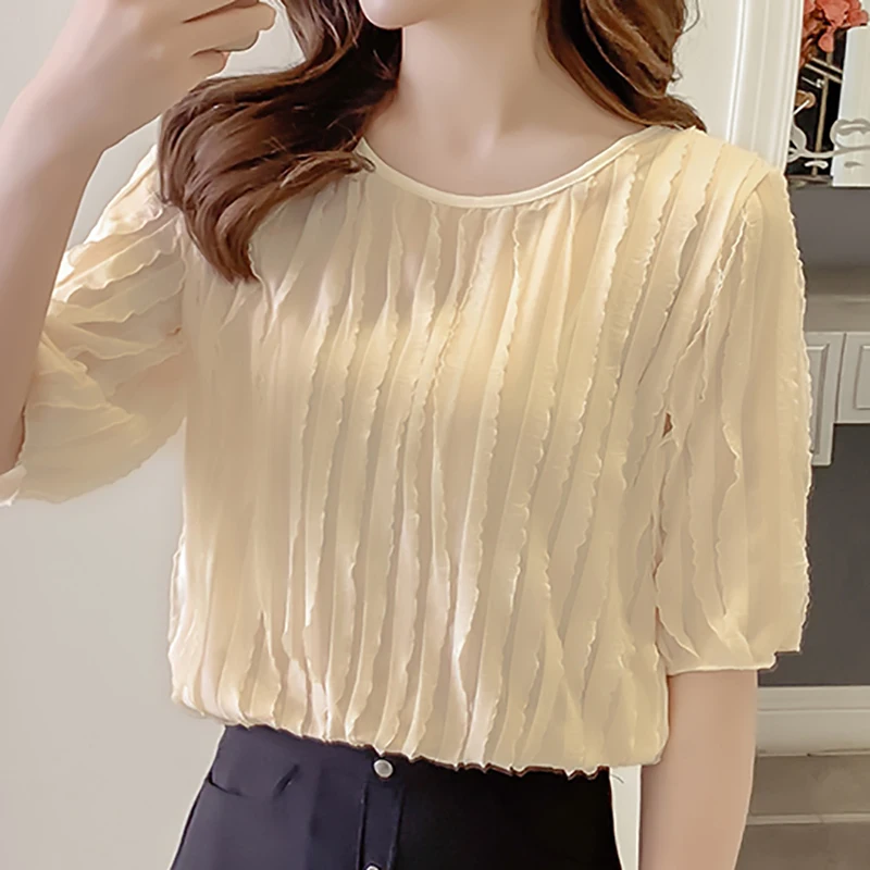 

Women's Chiffon Short-sleeved Sexy T-shirt 2019 Summer Pleated O-neck Puff Sleeve T-shirt Street Fashion T-shirt Bottoming Shirt