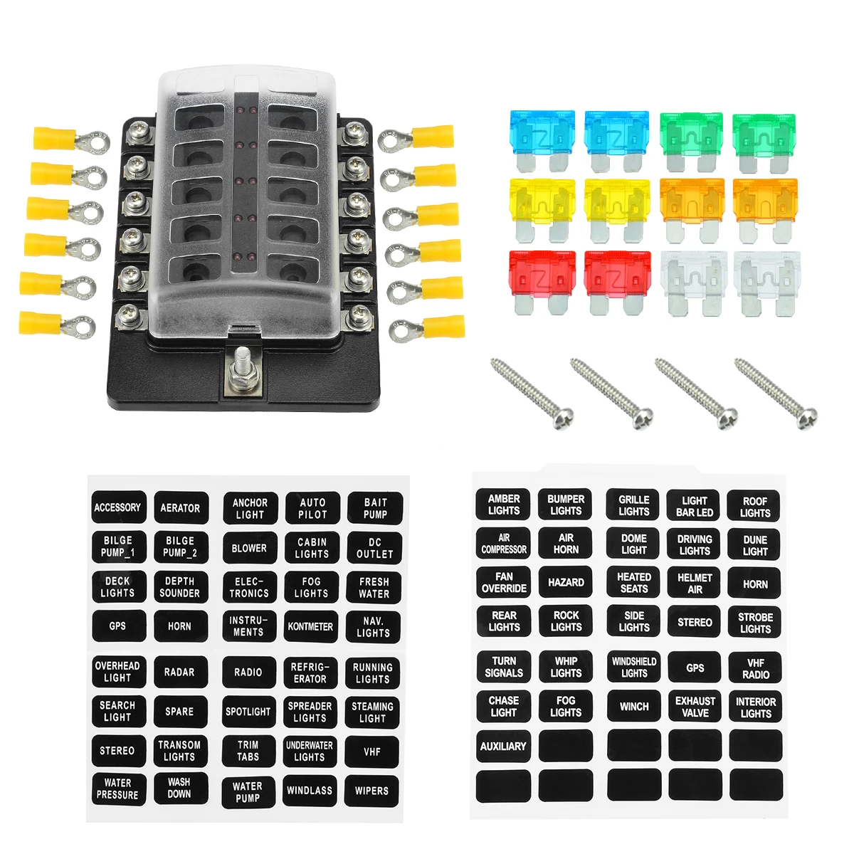 

New 12 Way Car Boat Bus UTV Blade Fuse Box ATO/ATC Block Holder Cover 12V With Red LED Indicator + Yellow Terminals + Screws