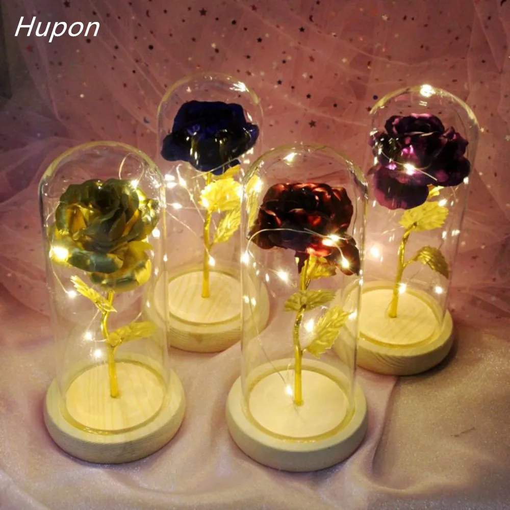 

LED Beauty and the Beast Gold-plated Red Rose Flowers with LED String Lights In Glass Dome for Wedding Party Valentine's Gifts