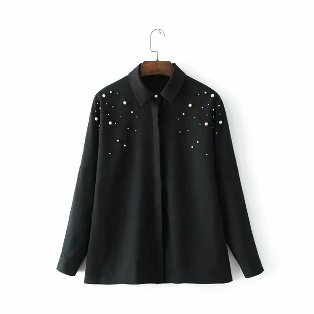 Ceny Elegancki Frezowanie Perły Czarne Koszule Turn down Collar Bluzka Z Długim Rękawem Kobiet Dorywczo Urząd Wear Topy Blusas R oacute;żowy