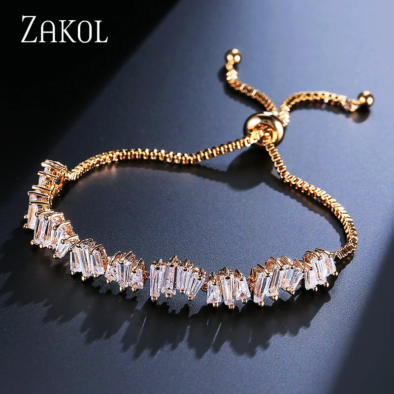 

ZAKOL Delicate White Color Girl Adjustable Baguette Bracelet Charms Stacked Cubic Zircon Bracelet For Wedding FSBP139