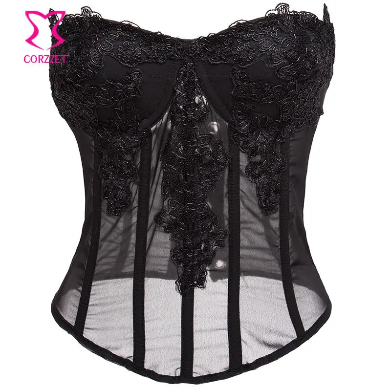 

Black Chiffon Floral Appliques Sexy Korsett For Women Gothic Corset push up Lingerie Burlesque Transparent Bustier Tops Corselet