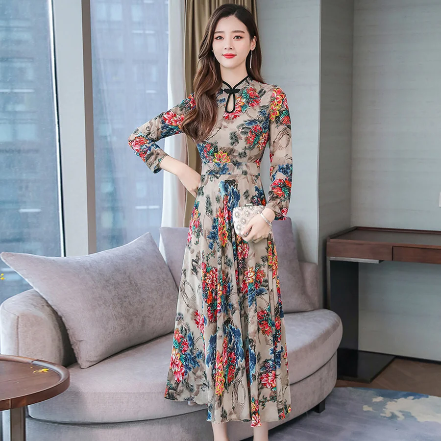 Винтажные 3XL Большие размеры Цветочные стильные китайские платья осень зима платье макси с длинным рукавом женские элегантные облегающие Вечерние платья Vestido