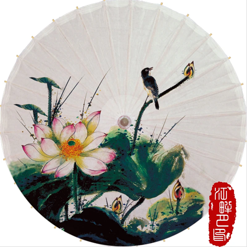 

Summer Field Lotus Oil Paper Umbrella Pure White with Nature Birds Paper Parasol Exquisite Flower Blossom Paper Umbrella