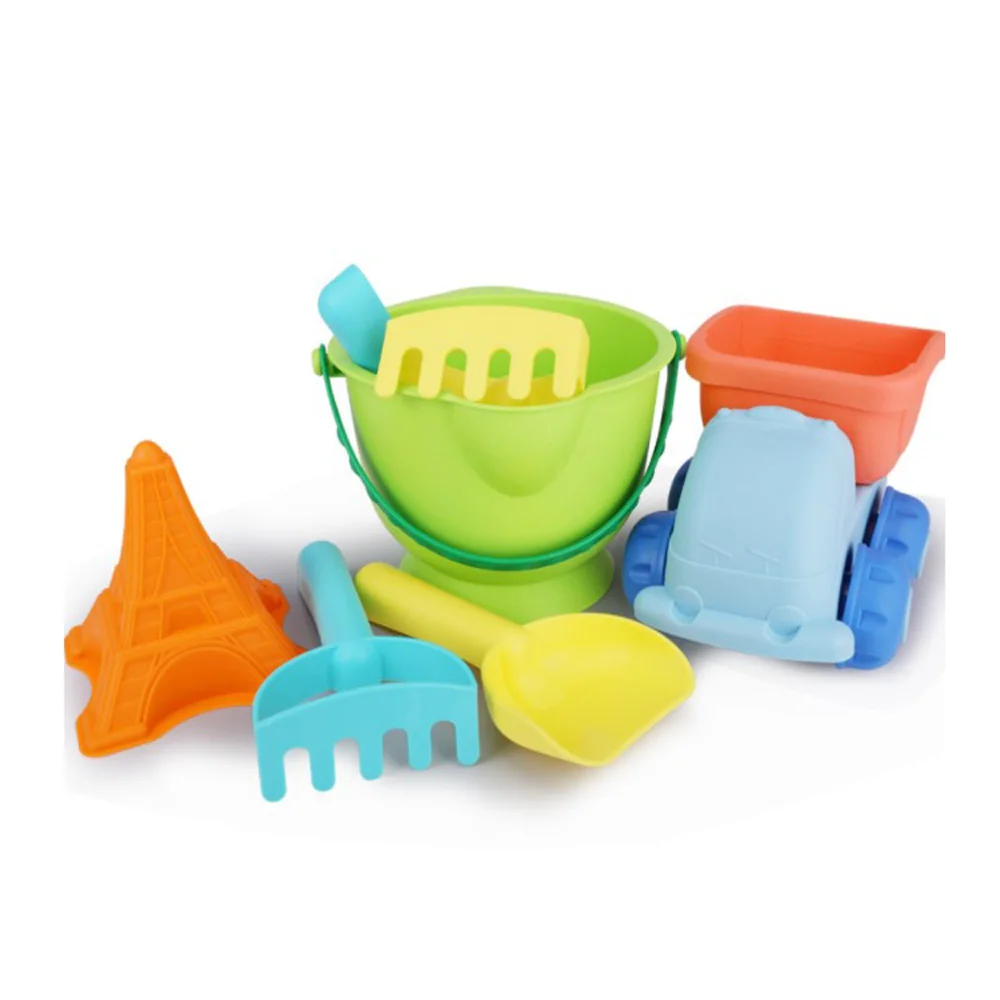 Best  5pcs soft silicone beach sand toys for children SandBox Set Sea sand bucket Rake play and fun Shove