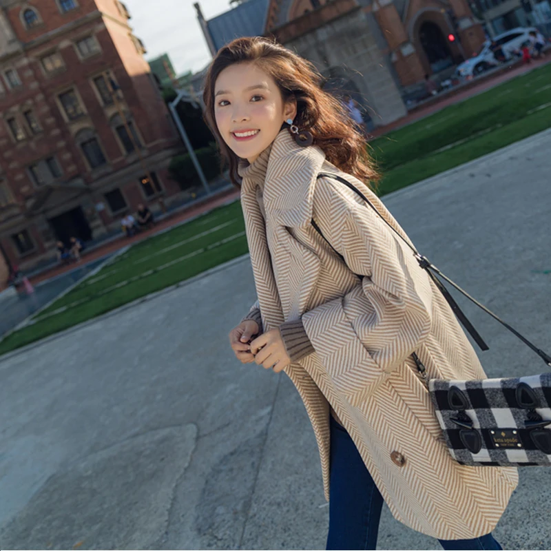Зимнее корейское пальто женское модное винтажное шерстяное Свободные пиджаки двубортное пальто с отложным воротником Женское пальто abrigos