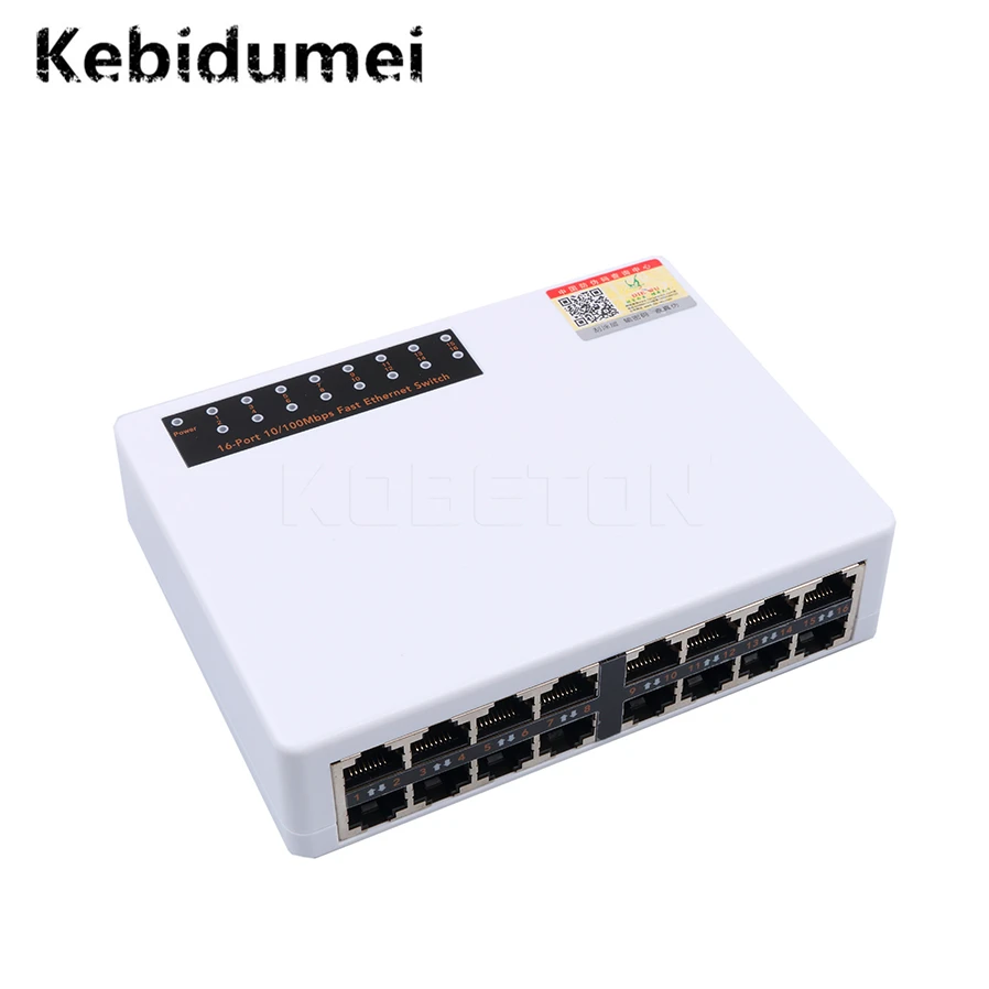 Kebidumei 10/100 Мбит/с сетевой коммутатор 16 портов Fast Ethernet LAN RJ45 Vlan концентратор Настольный ПК коммутатор с адаптером ЕС/США