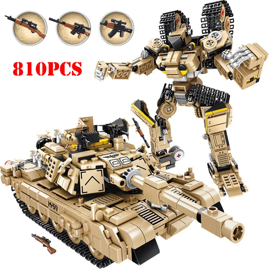 

Military WW2 M1A2 Tank 2 in 1 Deformation Robot Figures Building Block Compatible Legoing Army Weapons Bricks Toys For Children