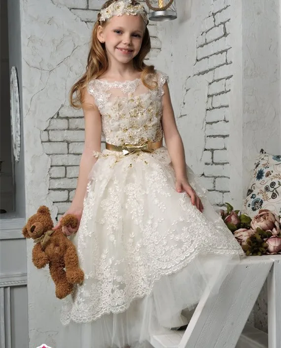 

Vintage Ivory White Flower Girl Dress with gold belt Toddler Robe Communion Dress Custom Any Size