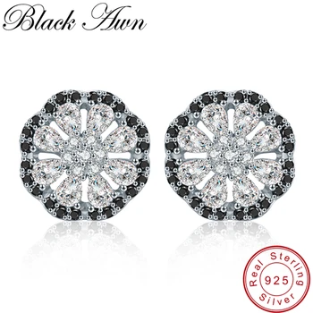 

[BLACK AWN] Classic 925 Sterling Silver Natural Flower Wedding Stud Earrings for Women Fine Jewelry T194
