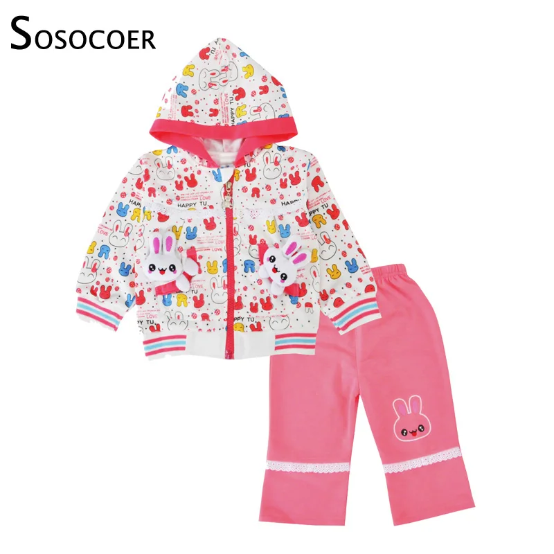 SOSOCOER Newborn Baby Girl Clothes Set Hooded Zipper Coat Cartoon Bunny T Shirt Long Pants 3pcs Spring Outfits Clothing | Детская одежда