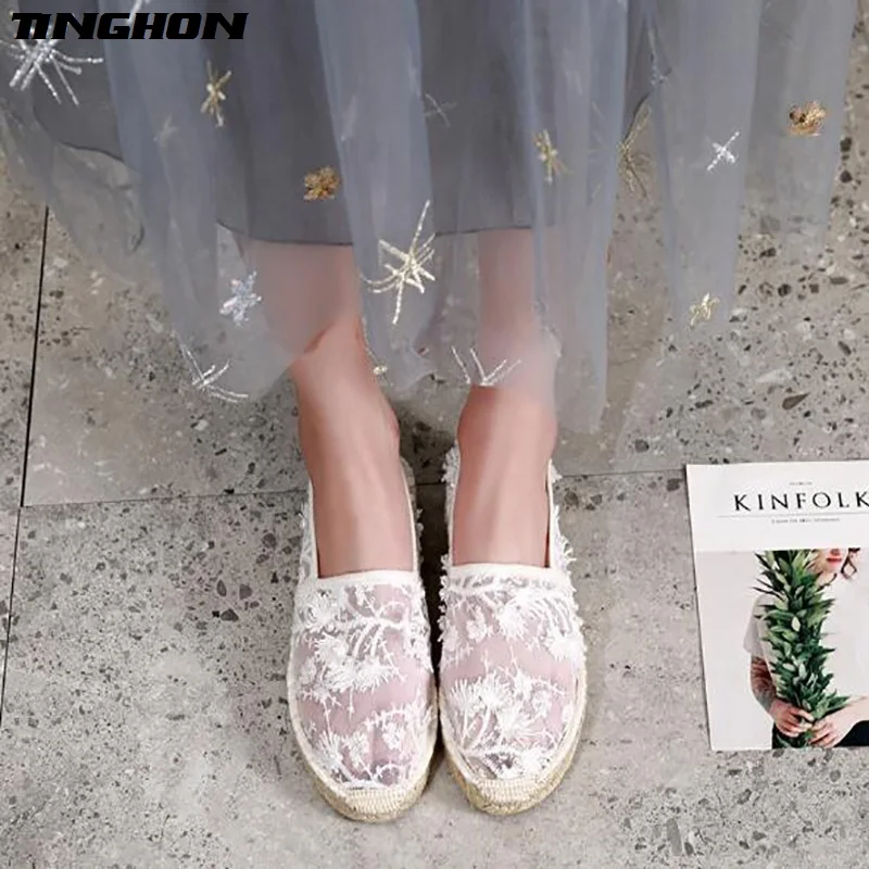 

TINGHON Spring Autumn Women loafer espadrilles Pearl mesh flower Comfortable Hemp Bottom Frisherman Shoes Slip On Zapato Mujer