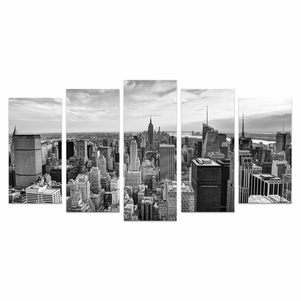 5 Pieces HD Printed City Canvas Art Printing Black and White Cityscape