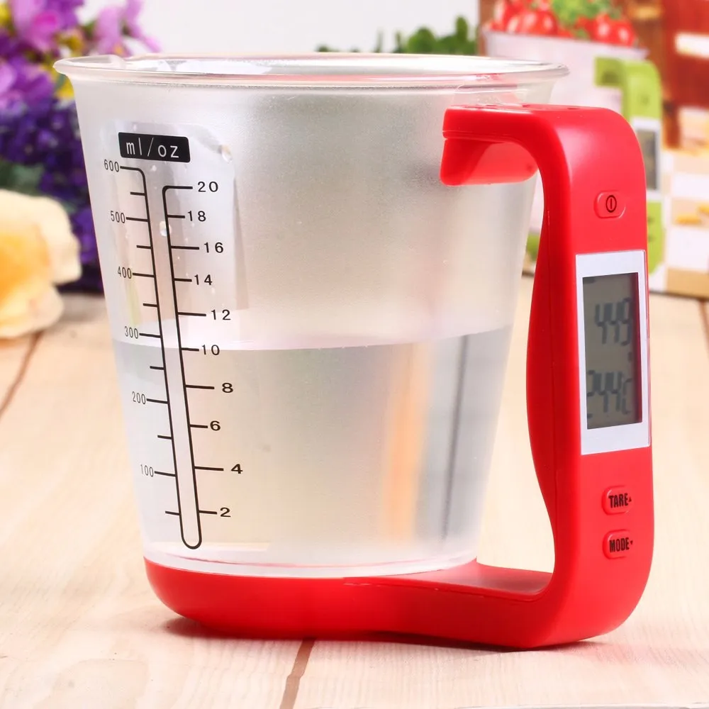 Мерный стакан кухонные весы цифровой стакан весы электронные весы с ЖК-дисплеем измерительные чашечки температуры - Цвет: Красный