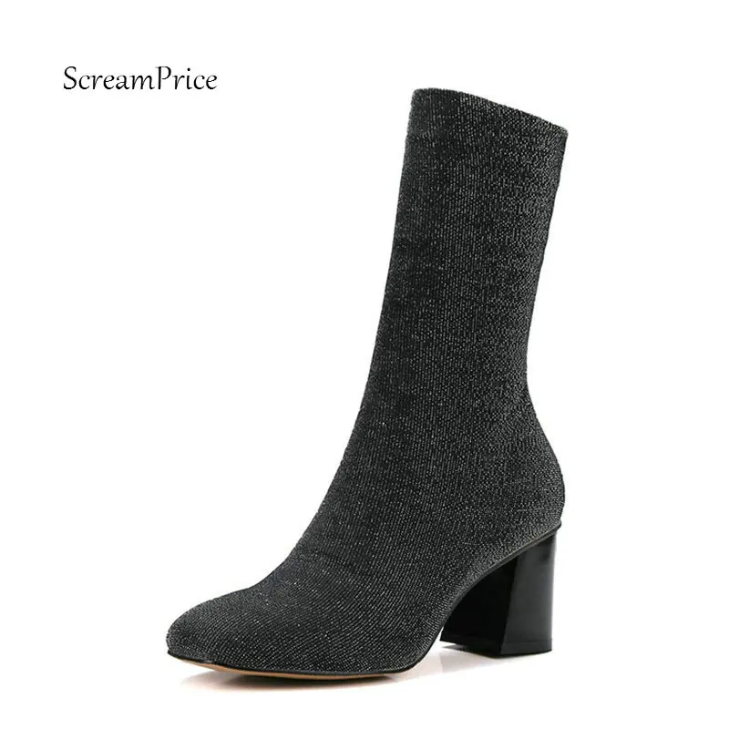 

Women's Sexy Socks Boots Stretch Fabric Thick Heel Ankle Boots Fashion Square Toe Fall Winter Ladies Shoes 2018 New