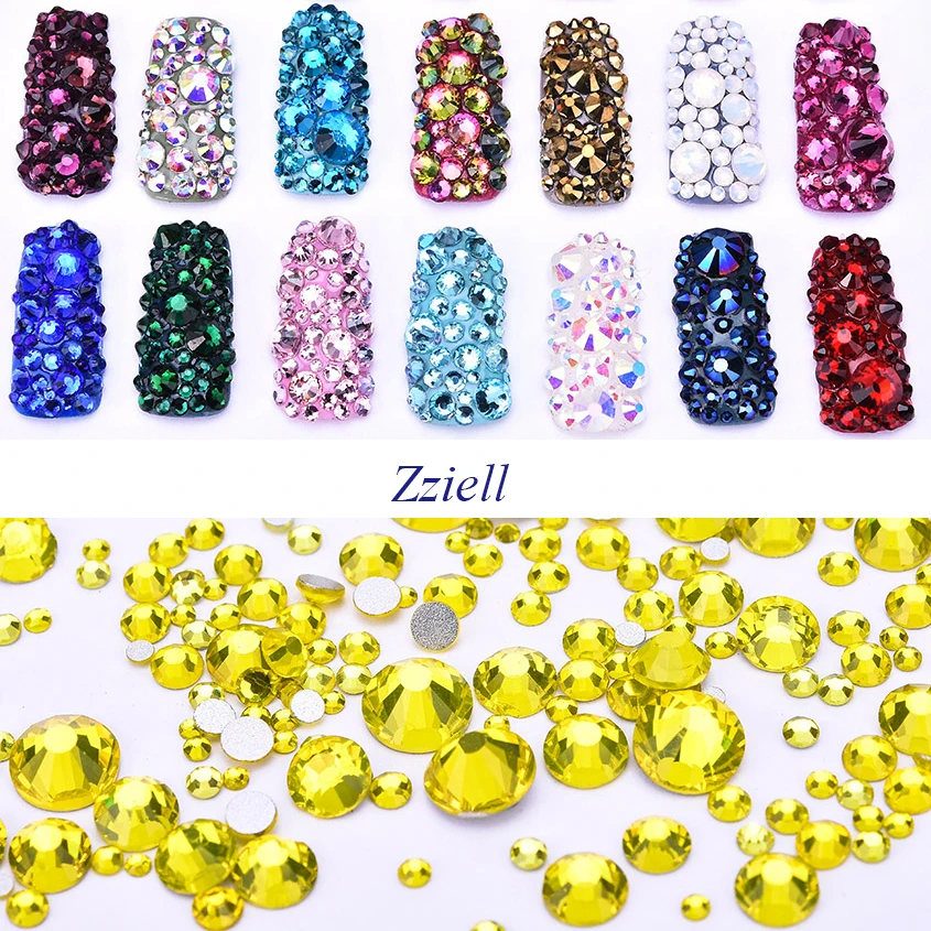 

Zziell SS3-SS30 & Mix Size Silver Base Glue Fixed Citrine Non Hotfix Rhinestones For Nail Art Decoration Cellphone Case Clothing