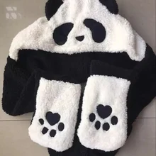 Зимняя Студенческая шляпа женская Панда кроличья шерсть мультфильм Пушистый милый цельный шляпа велоспорт Толстая теплая шапка шарф перчатки три части один