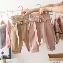 Осенние детские штаны для маленьких мальчиков и девочек повседневные брюки с поясом одежда для малышей длинные штаны, S9412