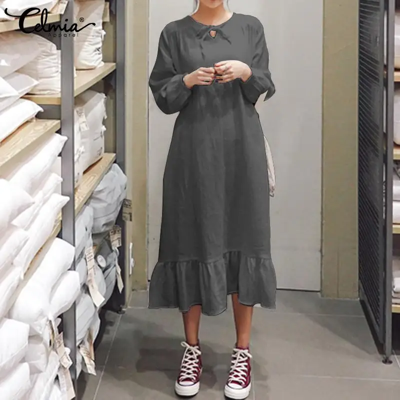 

Women Summer Dress Celmia 2019 Long Sleeve Lace Up Casual Loose Pleated Midi Dress Solid Ladies Ruffles Party Vestidos Plus Size