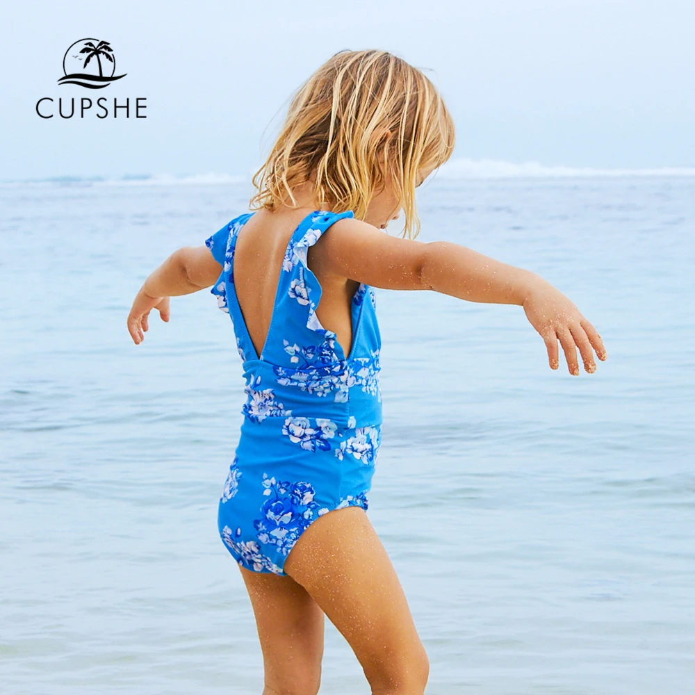 Billige CUPSHE Kleinkind Kinder Blau Floral Print Einteiliges Badeanzug 2020 Baby Mädchen Kinder Monokini Badeanzüge