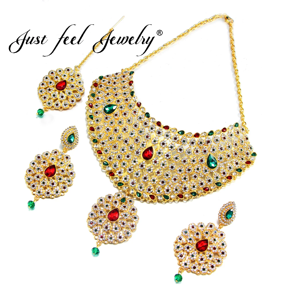 JUST FEEL Luxury Gold Color Rhinestone Jewelry Sets India Necklace Choker Earrings Headdress Arab/Africa Ethiopian Jewelry Gift