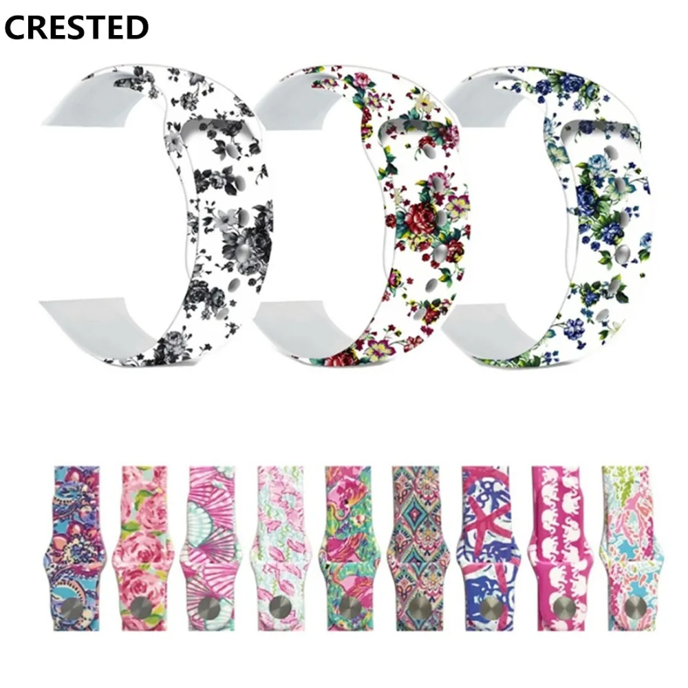 

CRESTED Sport strap For Apple watch band 44mm/42mm silicone correa iwatch series 4/3/2/1 40mm 38mm flower wrist bracelet belt