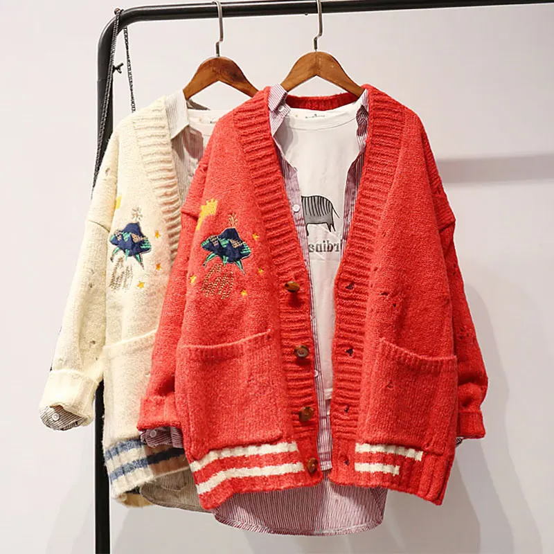 

Knit Cardigan Women Holes Embroidery Sweater Long Sleeve V-neck Cardigans Female 2019 Winter Autumn Thick College Preppy Outwear