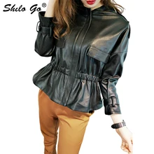 Кожаная куртка Женская Весенняя мода Овчина натуральная кожа пальто V шеи Повседневная Свободная эластичная талия Свободное пальто