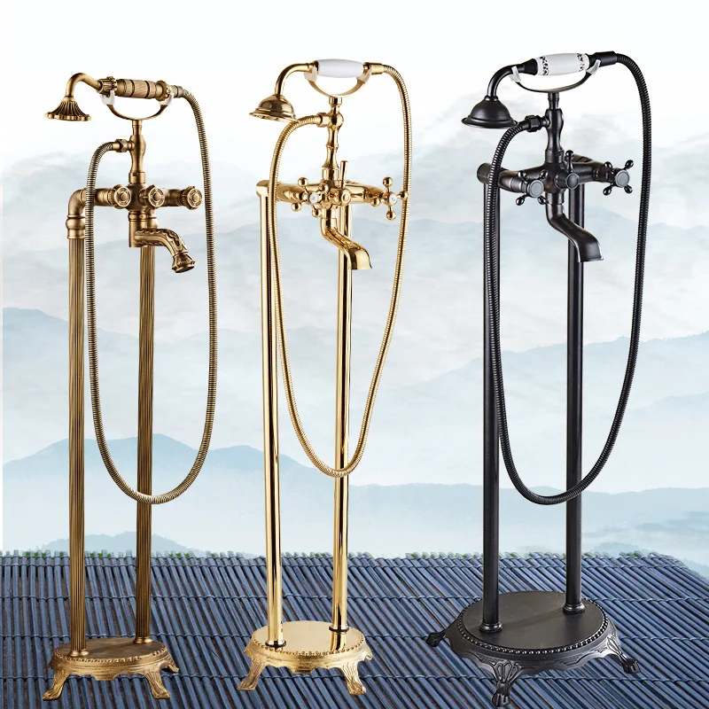 

Floor-standing Bathtub Faucet Golden Shower Head System Vertical Bathroom Shower Set Antique Rain Shower System Luxury Bathroom