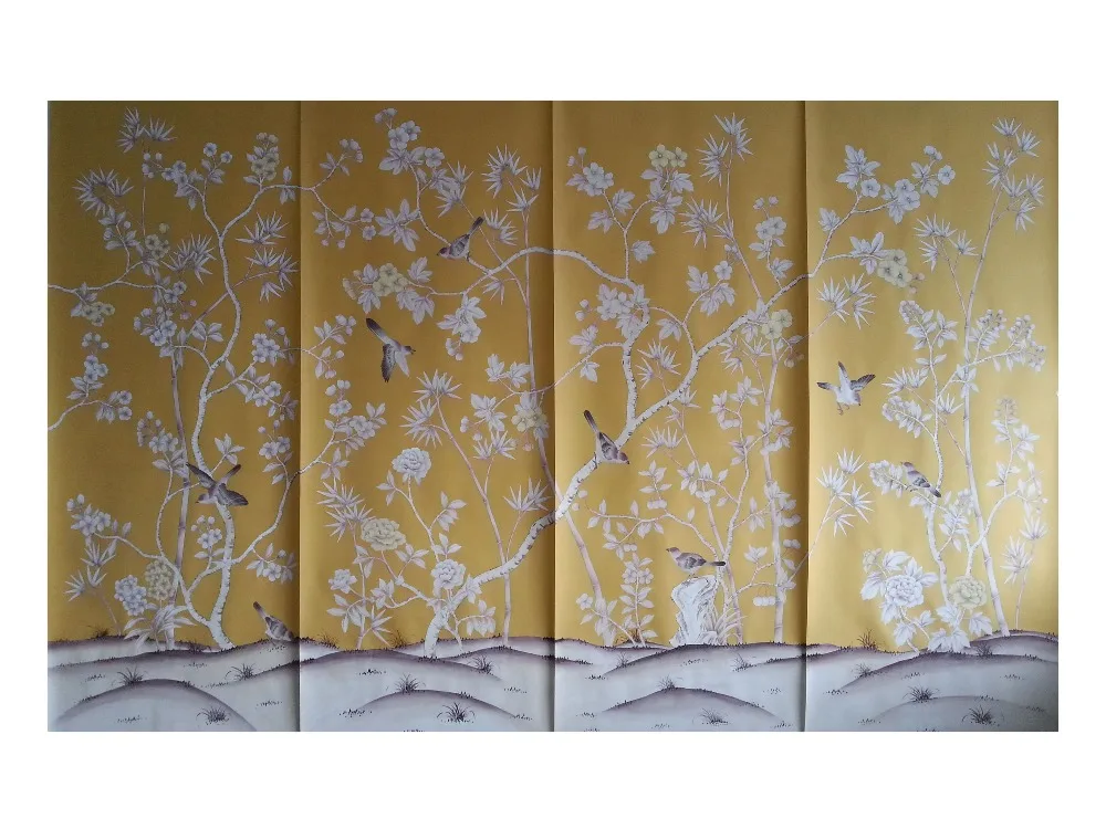 

Classic style elegant Hand-painted silk wallpaper painting flower with birds many patterns and background optional