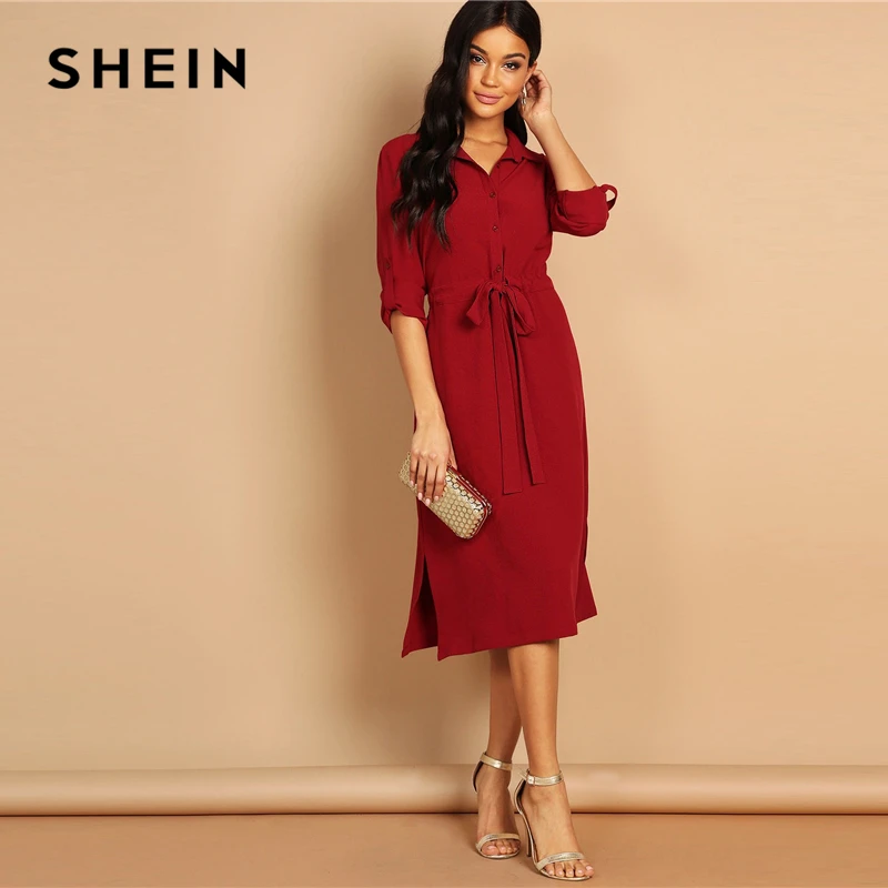 SHEIN Элегантное Платье-Рубашка На Кулиске Женское Бордовое Классическое Платье С Длинным Рукавом