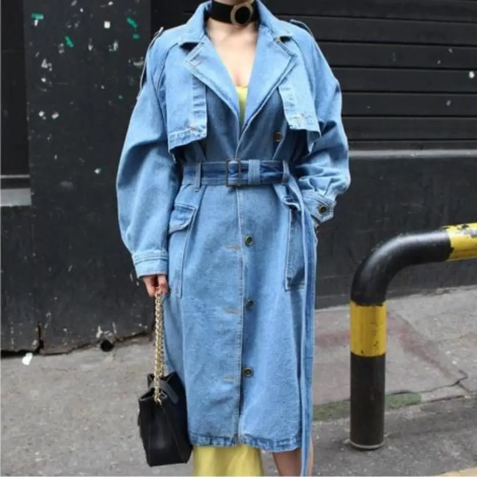 

plus size 2XL!New Arrival Trench Coat Women Loose denim trench coat long single-breasted COAT