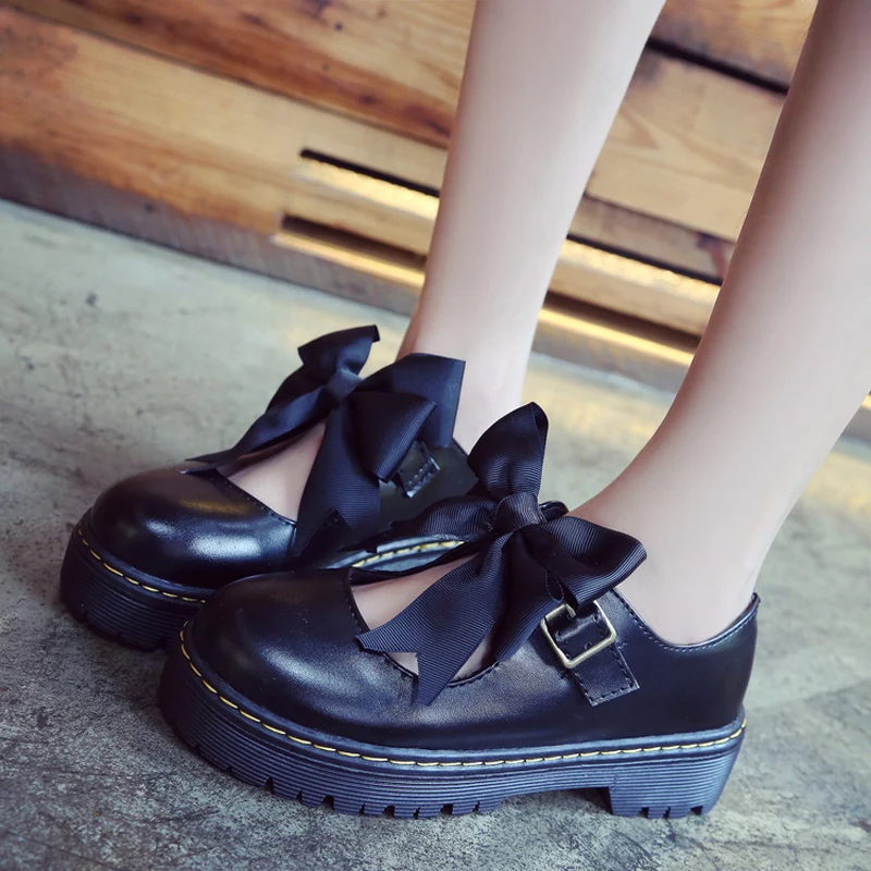 

Cute round head Lolita shoes female wild Harajuku with thick-soled soft sister bow shoes female Japanese kawiai women shoes