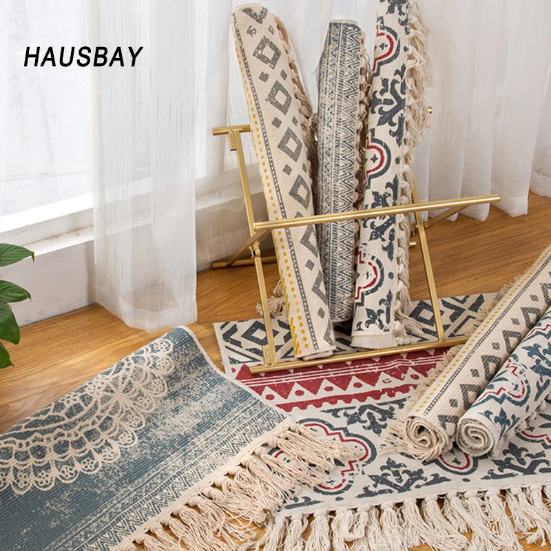

Bohemian Retro Hand Woven Cotton Linen Carpet Tassel Bedside Rug Geometric Floor Mat Living Room Bedroom Home Decoration CP003