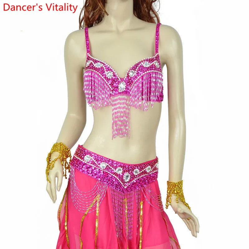 Женская одежда для соревнований по танцам живота, Восточный стиль, украшенный бисером бюстгальтер и пояс, регулируемый комплект из 2 предметов для танца живота, костюм для выступлений - Цвет: Hot pink