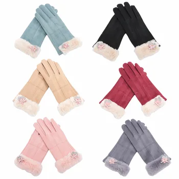 

1 Pair Autumn Winter Female Warm Cashmere Suede Fabric Warm Touch Screen Gloves Women Bowknot Touch Screen Driving Gloves