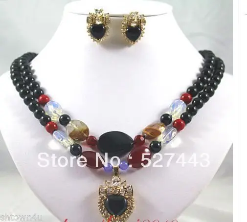 

Hot selling@> Wholesale Pretty lady's Jewelry 2 rows black agate jade heart pendant necklace earring set Natural jewelry -Bride