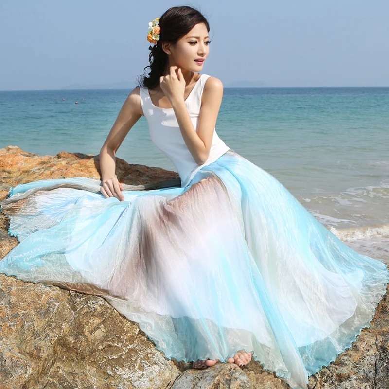 New Fashion Rainbow Colorful Long Skirt High Waist High Quality Chiffon