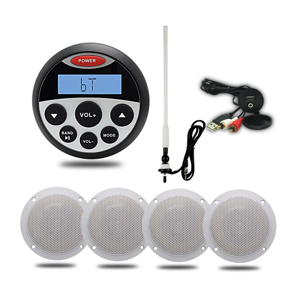 Waterproof MP3 Radio FM AM Bluetooth Music Stereo+ 2 Pairs 4'' Marine