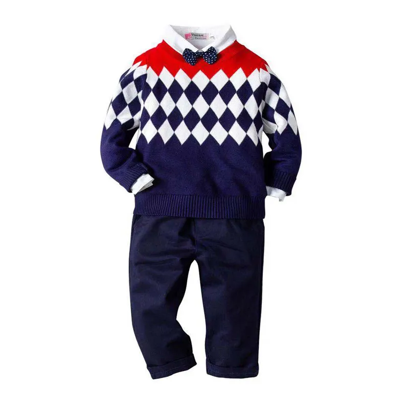 

Toddler Boy Clothes Gentleman Sweater Suit Kids Wear Long Sleeve Bow tie+Sweater+Shirt+Pant 4pcs/set Children Clothing Set