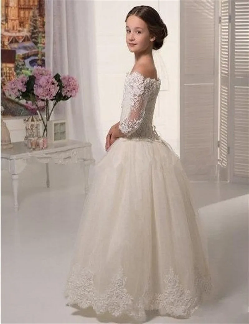 Scoop-Lace-Applique-Floor-Length-Tulle-Three-Quarter-Sleeves-Flower-Girl-Dresses-For-Weddings-Girls-First (2)