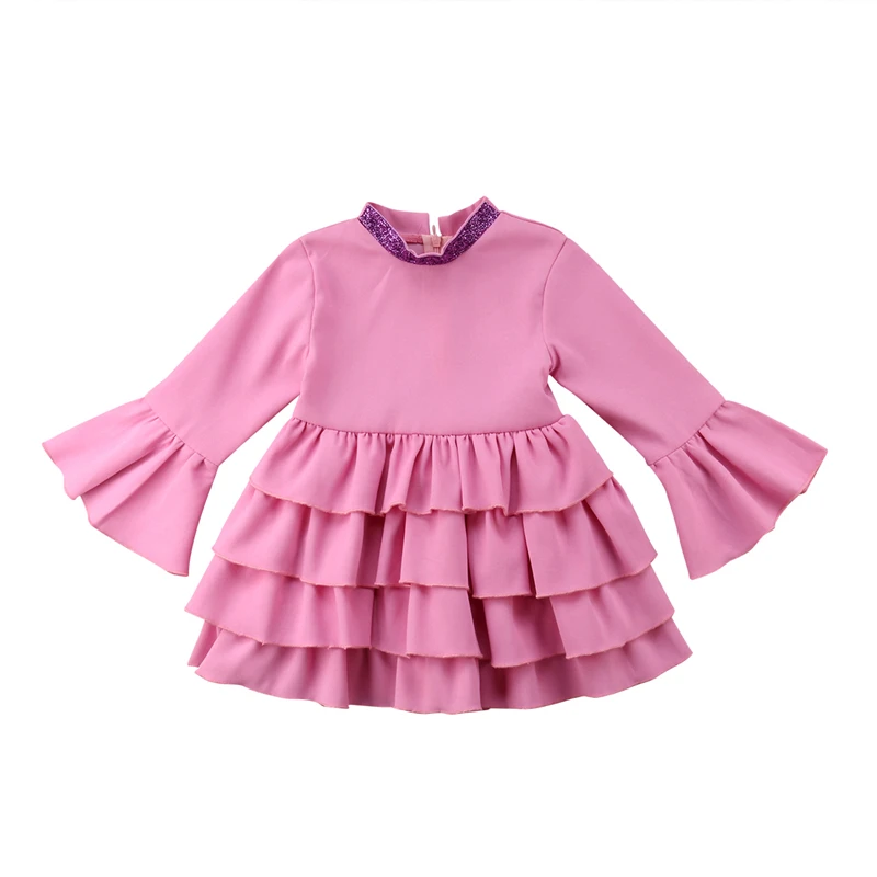 Long Sleeve Lovely Baby Girls Pleated Dress Round Neck Flare Sleeve