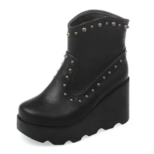 Punk Style Women Boots High Heels Add Fur Rivets Cozy Wedges Ankle Boots Shoes Woman 2016 Fashion Platform Fall Winter Boots