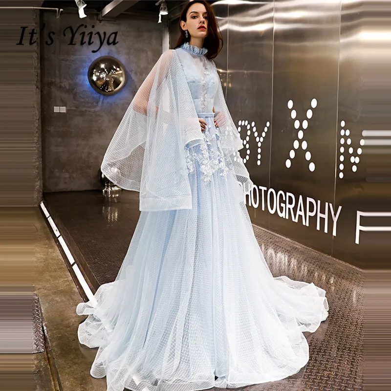 Это YiiYa вечернее платье плюс размер модное элегантное платье с большим рукавом платье для выпускного с аппликациями на шнуровке шлейф Платье de soiree LX1408