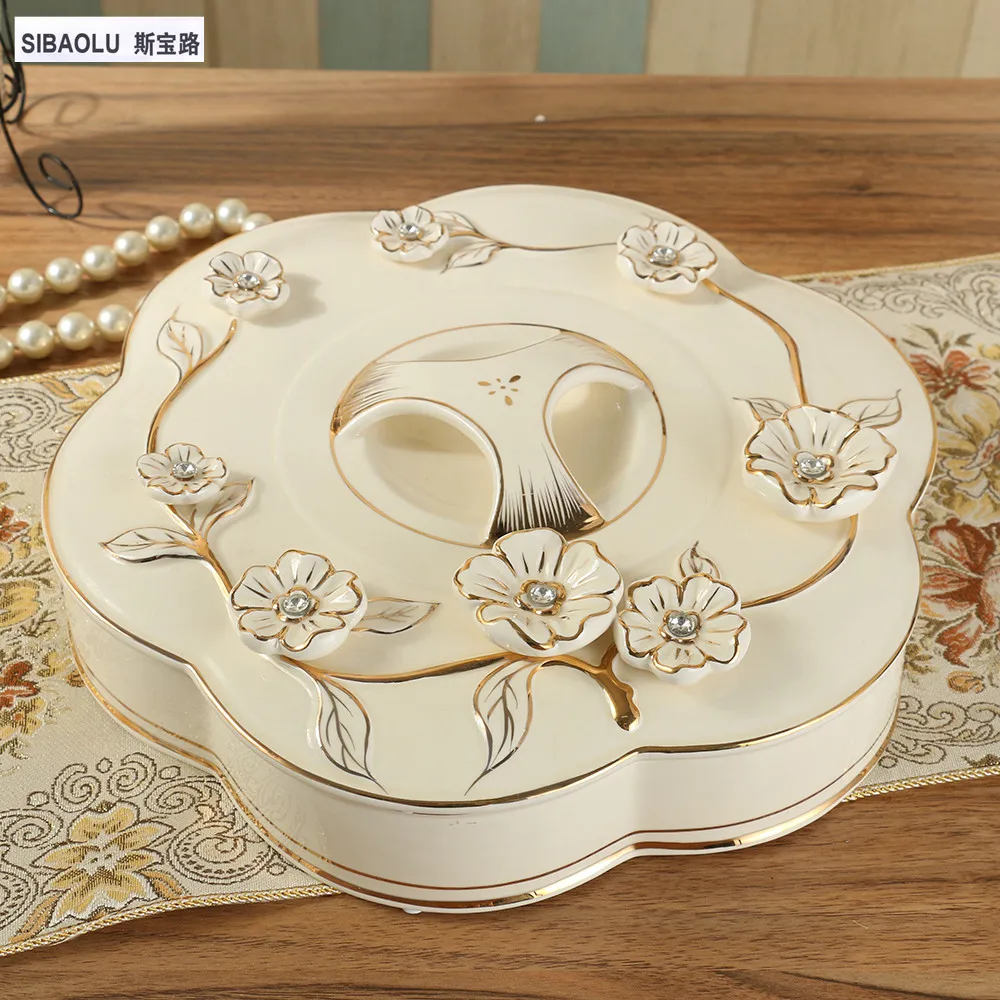 Candy boxes 13" Split lattice ceramic dried Nut box with lid Dried fruit tray Candy snack tray