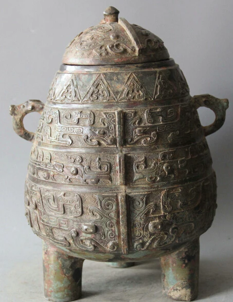 

JP S61 13" Archaic Chinese Bronze Handle Beast Vessels Ware Wine Water Pot Jar Crock