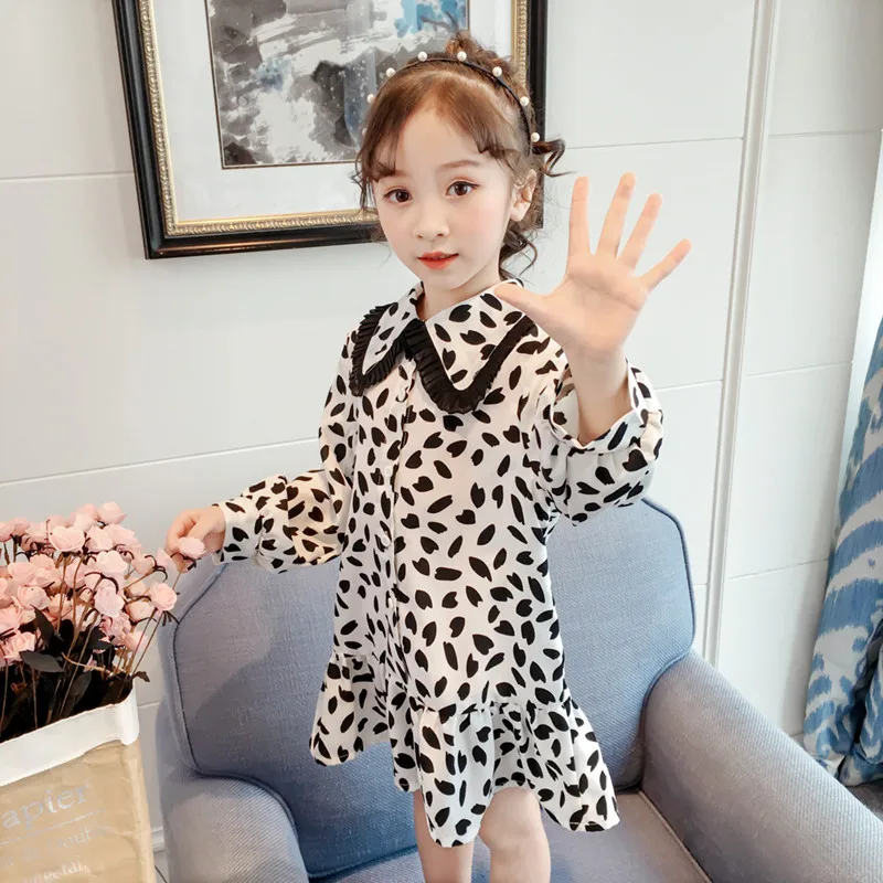 

Girl Dresses Long Sleeve Princess 2019 Spring Kids Chiffon Print Turn Down Collar Ruffles Party Dress Children Costume 2-8T