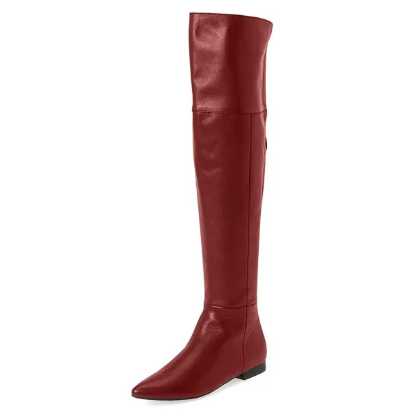 red leather knee high flat boots